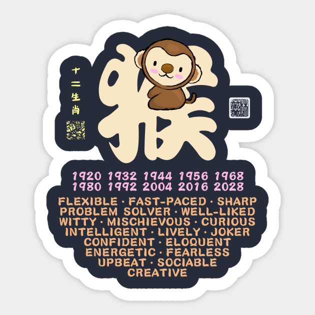 CUTE MONKEY CHINESE ZODIAC ANIMAL PERSONALITY TRAIT - Year Of The Monkey - Sticker | TeePublic CUTE MONKEY CHINESE ZODIAC ANIMAL PERSONALITY TRAIT - Year Of The Monkey - Sticker | TeePublic