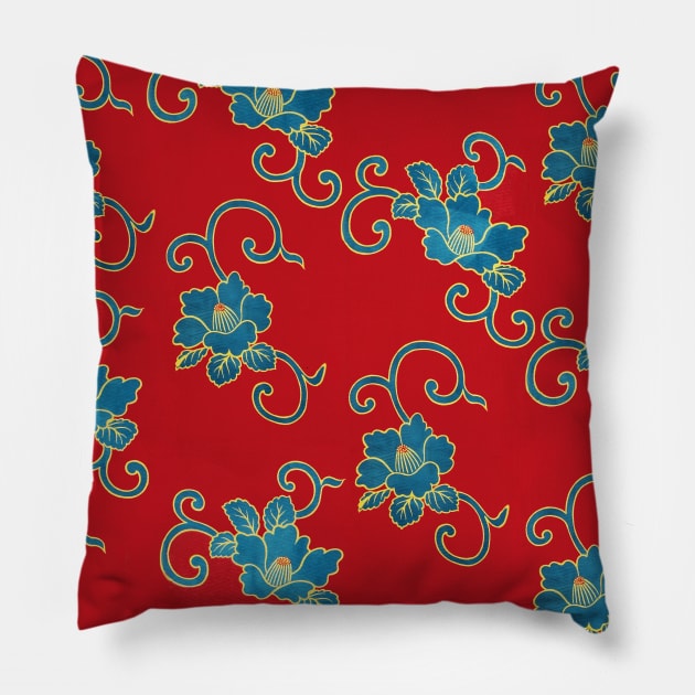 BLUE LOTUS FLOWERS IN ROYAL RED Kimono Style Antique Japanese Floral Pillow by BulganLumini