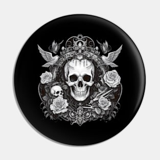 Dark Queen of death, Skull and Roses Gothic design Pin