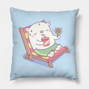 Cute Sweating Baby Polar Bear on Beach Chair Pillow