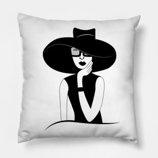 Black and white illustration of fancy lady in a hat Pillow