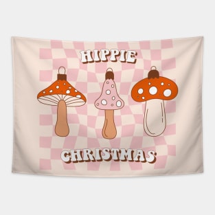 Vintage Merry Mushrooms. Retro vintage Christmas groovy toys of mushroom on checkerboard background. Tapestry