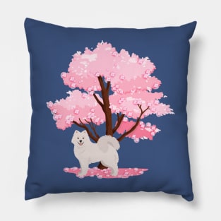 Samoyed Dog with Spring Sakura Tree Pillow