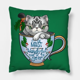 “It’s the Most Wonderful Time of the Year” Genki the silver tabby cat in a teacup for Christmas Pillow