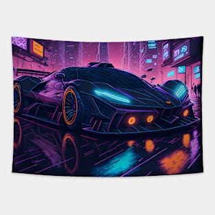 Dark Neon City Sports Car Tapestry