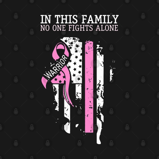 In This Family No One Fights Alone Breast Cancer Warrior US Flag Pink Ribbon by DeenaMBeresford