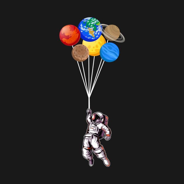 Astronaut holding Planet Balloons Solar System space by Wakzs3Arts