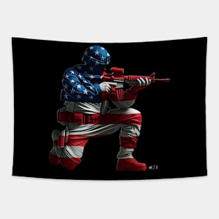 American Military Soldier and USA Flag by focusln Tapestry