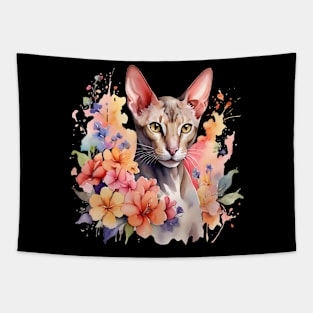 An oriental shorthair cat decorated with beautiful watercolor flowers Tapestry