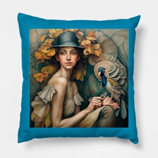 Art Deco - Woman and Peacock Pillow