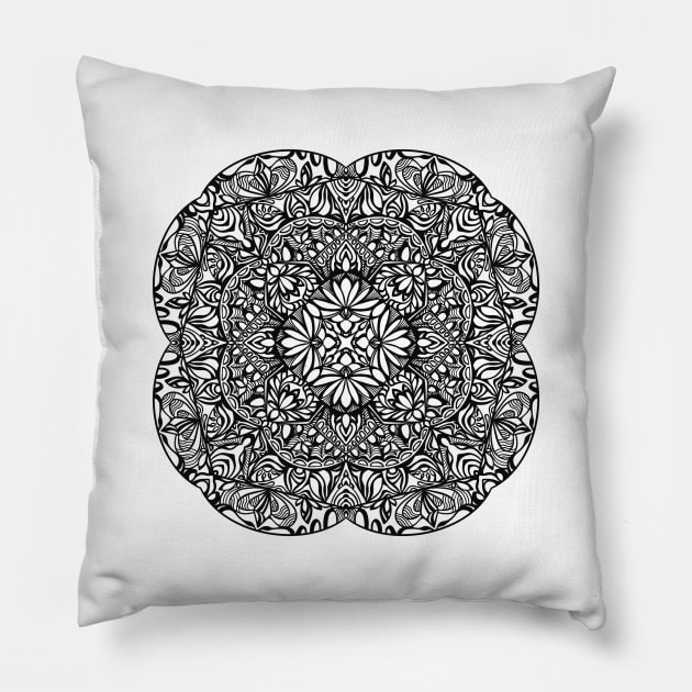 Flowery Mandala - Intricate Black and White Digital Illustration - Vibrant and Eye-catching Design for printing on t-shirts, wall art, pillows, phone cases, mugs, tote bags, notebooks and more Pillow by cherdoodles