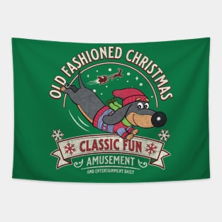 Cute Funny Doxie Dog sledding on Dachshund  Old Fashioned Christmas Tapestry