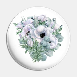 Watercolor Anemone and Eucalyptus Bouquet Pin