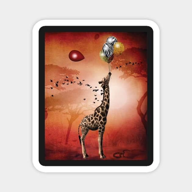 The Giraffe Travels Through Africa With Her Animal Skin Balloons Magnet by Taluula