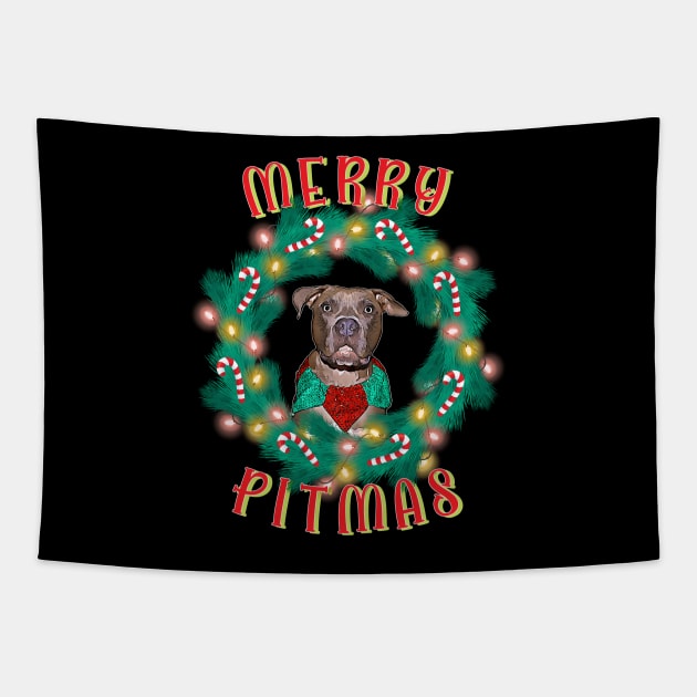 Merry Pitmas Pitbull Glowing Wreath And Candy Canes Tapestry by Rosemarie Guieb Designs