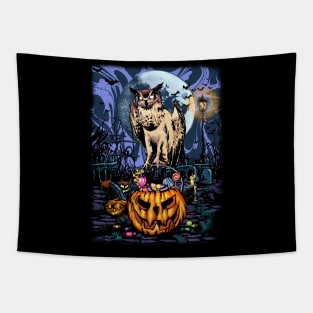 mysterious owl handing out halloween candy with spooky pumpkin bucket Tapestry