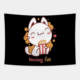 Cute Kawaii Cat Having Fun & Eats Popcorn Tapestry