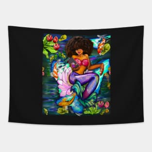 Mermaid with full afro checking her phone ii with Koi fish in koi pond with plants and flowers Tapestry