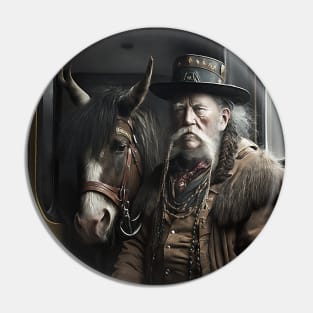 An Old Man and His Horse on a Train Pin