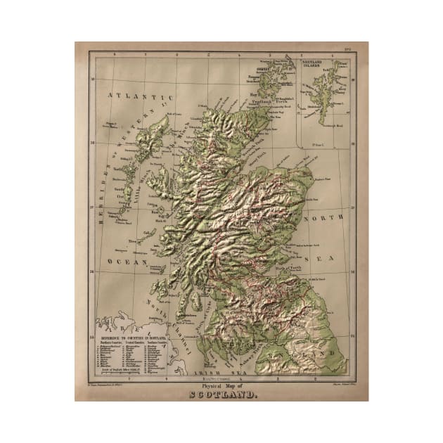 Vintage Physical Map of Scotland (1880) by Bravuramedia