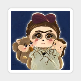 self potrait with thorn necklace, hanul the hedgehog and jandi the squirrel Magnet