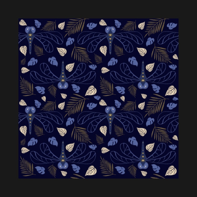 Blue Dragonfly and Leaf Pattern on Blue by OneLook