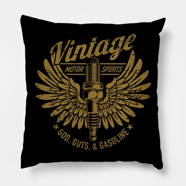 Vintage Motorsports God, Guts and Gasoline Spark Plug Design Pillow by hobrath