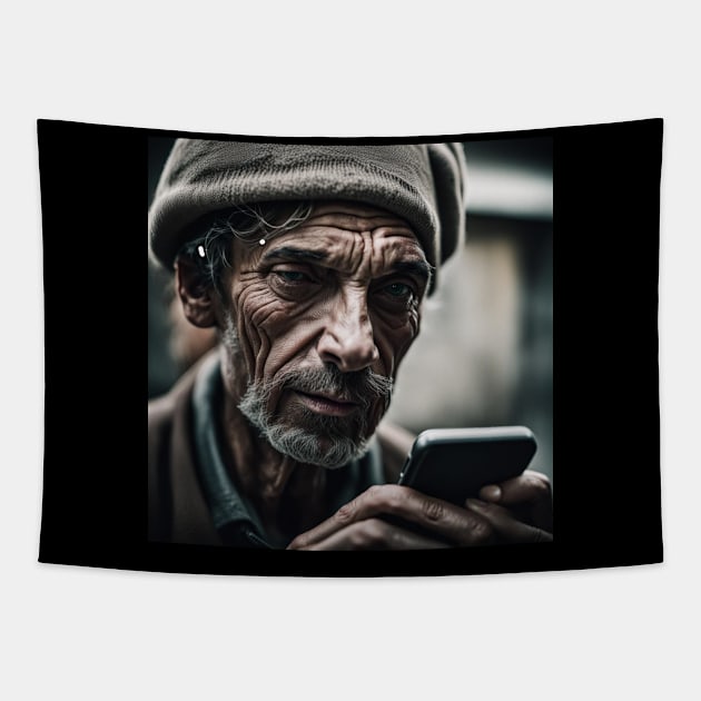 Senior Man in Black Hat Communicating Using Technology Tapestry by tearbytea