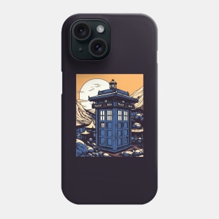 Blue illustration of tardis in Japan on sunset Phone Case