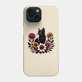 Black cat surrounded by flowers Phone Case