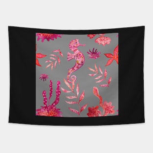 Red Seahorse and Algae (on gray background) Tapestry