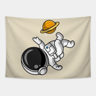 Cute Astronaut Playing Soccer Planet Cartoon Tapestry