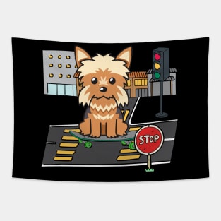 Funny yorkshire terrier is on a skateboard Tapestry