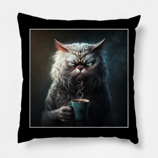 Funny Mean Looking Cat  Drinking Coffee, Coffee Cat Lover Pillow