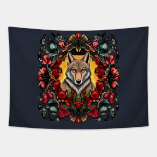 North Dakota Coyote Surrounded By Prairie Rose Tattoo Art Tapestry