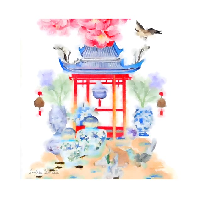 Pagoda and butterfly watercolor painting by SophieClimaArt