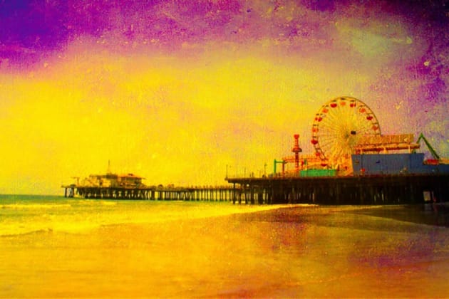 Yellow Purple Santa Monica Pier Kids T-Shirt by Christine aka stine1