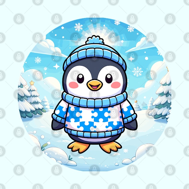 Cute Winter Penguin With Christmas Background And Puzzle Piece Sweater by SubtleSplit