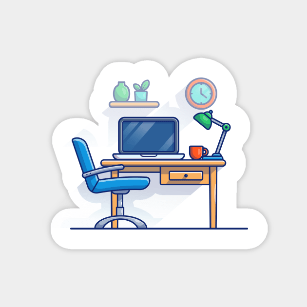 Work Bench, Desk, Laptop, Lamp, Plant, Cup, Clock And Floating Shelves Cartoon Magnet by Catalyst Labs