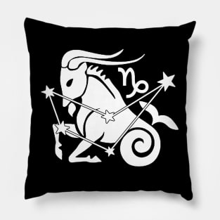 Capricorn - Zodiac Astrology Symbol with Constellation and Sea Goat Design (White on Black, Symbol Only Variant) Pillow