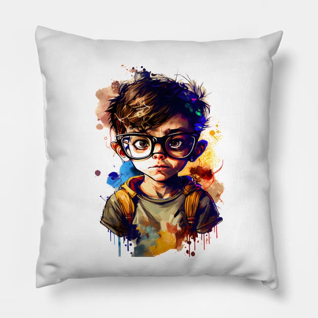 Cartoon little boy with glasses color Pillow by MLArtifex