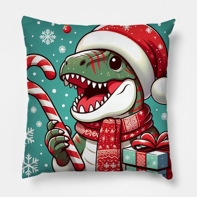 T-Rex with candy cane Pillow by Sketchy