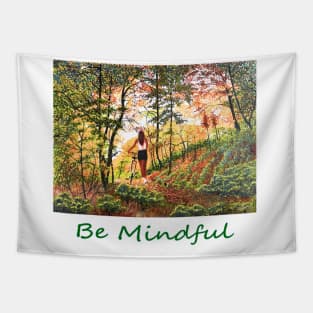 Woman girl with bicycle peaceful relaxing in woods zen yoga buddhism Tapestry