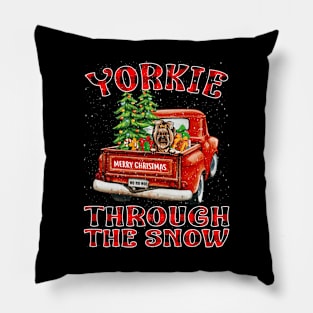 Christmas Yorkie Through The Snow Dog Santa Truck Tree Pillow