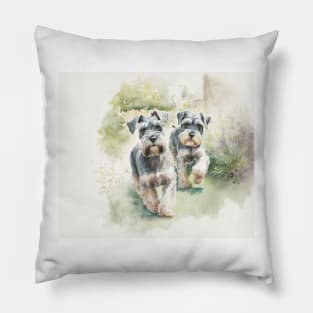 Two Miniature Schnauzers Playing Watercolour Painting Pillow