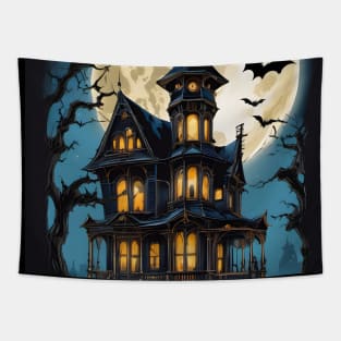 Spooky Moonlight Haunted House Halloween Tapestry