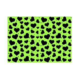 Black Hearts Seamless Pattern on Bright Green Background T-Shirt