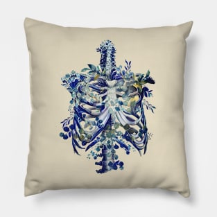 Blue Ribcage, rib cage, anatomy skeleton blue eucaliptus leaves, the great wave style Pillow