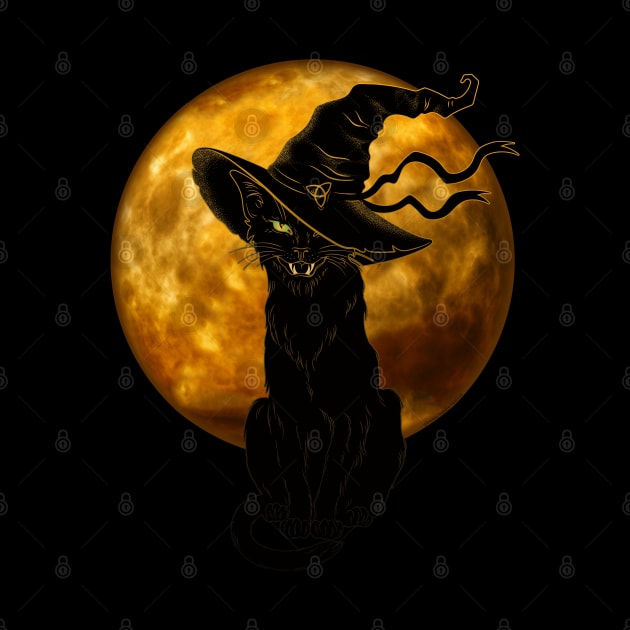 Beautiful Halloween Black Cat with Witch Hat and Full Moon by Dibble Dabble Designs