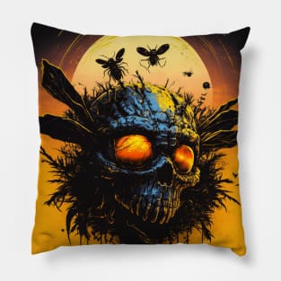 Winged Post Apocalyptic Cyberpunk Skull And Insects Pillow